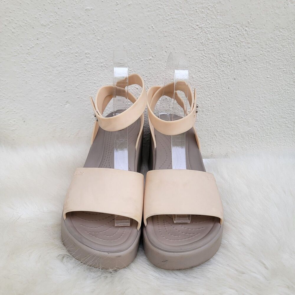Crocs Literide Brooklyn Ankle Strap Wedge Sandal Sz 8 Shitake Beige